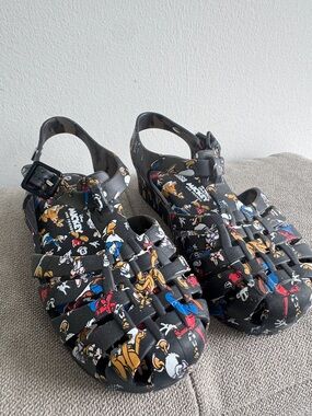 Mini Melissa Black Disney Character Jelly Sandals with Multicolor Prints